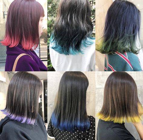 Dark Hair Colored Ends, Black Hair Dip Dye, End Hair Color Ideas, Bottom Tips Of Hair Dyed, Black Hair Dipped Ends, Dyeing The Ends Of The Hair, Colorful Ends Of Hair, Brown Hair Dip Dye, Colorful Tips Hair