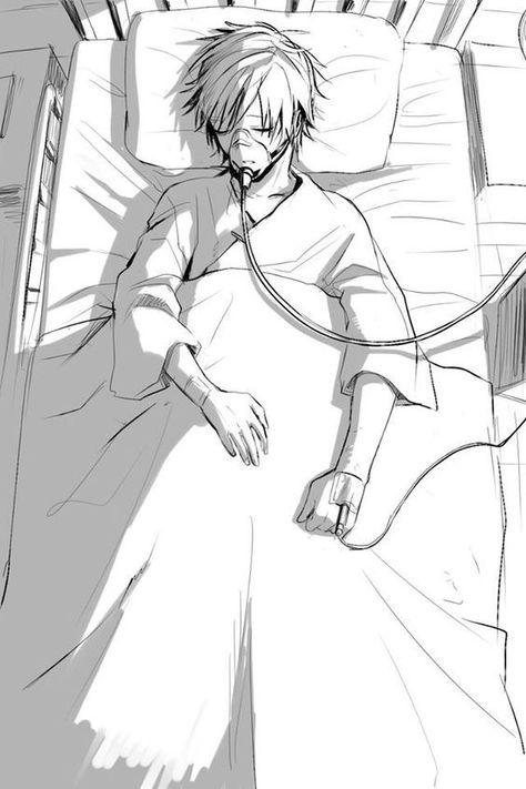 Sick Anime Character In Hospital, Man In Bed Drawing, Boy Cry At Night, Anime Lying Down, Hospital Room Drawing, Anime In Bed, Lying In Bed Drawing, Hospital Bed Drawing, Lying Down Drawing