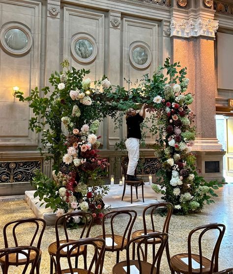 reaching new heights, thanks to ceremony chairs 😉// #flowers #chuppah #fallweddings #love #ceremonydesign Chuppah With Candles, Chuppah Flowers Wedding, Winter Chuppah, Chuppah Greenery, Fall Chuppah, Unique Chuppah, Chuppah Florals, Flower Chuppah, Wedding Arch Ceremony