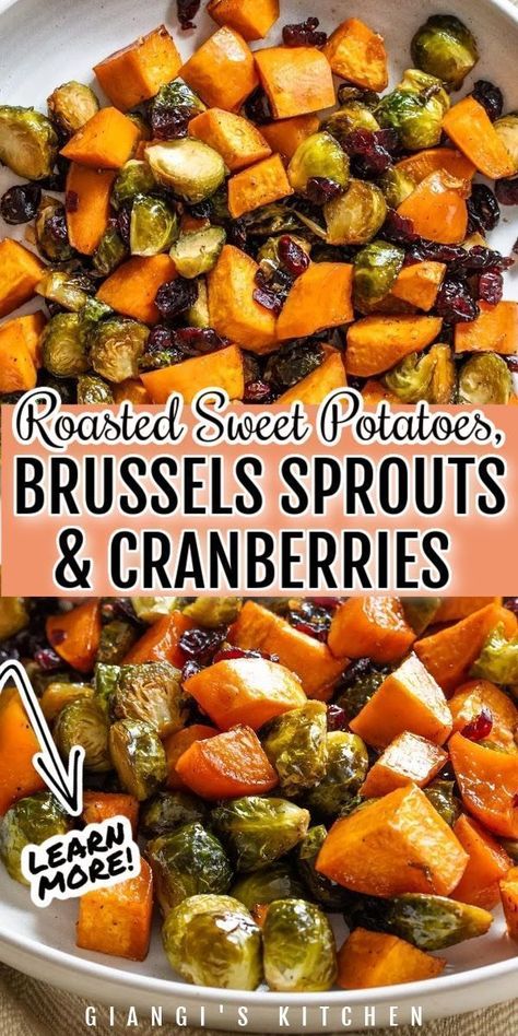 Celebrate the flavors of fall and winter with this easy roasted sweet potatoes, Brussel sprouts, and cranberries side dish. This vibrant recipe is a perfect addition to your Thanksgiving spread, offering a harmonious blend of sweet and savory, with a pop of tartness from the cranberries. Elevate your seasonal table with this delicious creation that's both simple to make and incredibly flavorful. Try this recipe today! Sweet Potatoes Brussel Sprouts, Brussel Sprouts Cranberries, Potatoes Brussel Sprouts, Sprouting Sweet Potatoes, Thanksgiving Spread, French Soup, Holiday Side, Potato Sides, Sprout Recipes