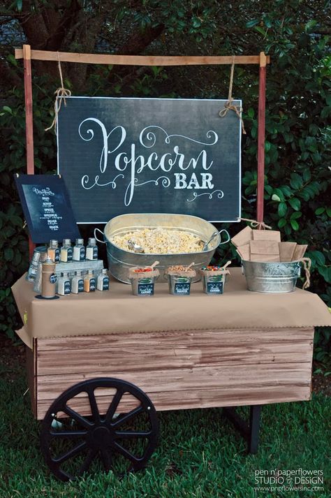 At long last I am finally posting the pictures of the re-styled Rustic Popcorn Bar I created for our... Wedding Food Stations, Rustic Wedding Decorations, Popcorn Bar, Food Stations, Chalkboard Sign, Wedding Cake Designs, Outdoor Bar, Grad Parties, Wedding Food