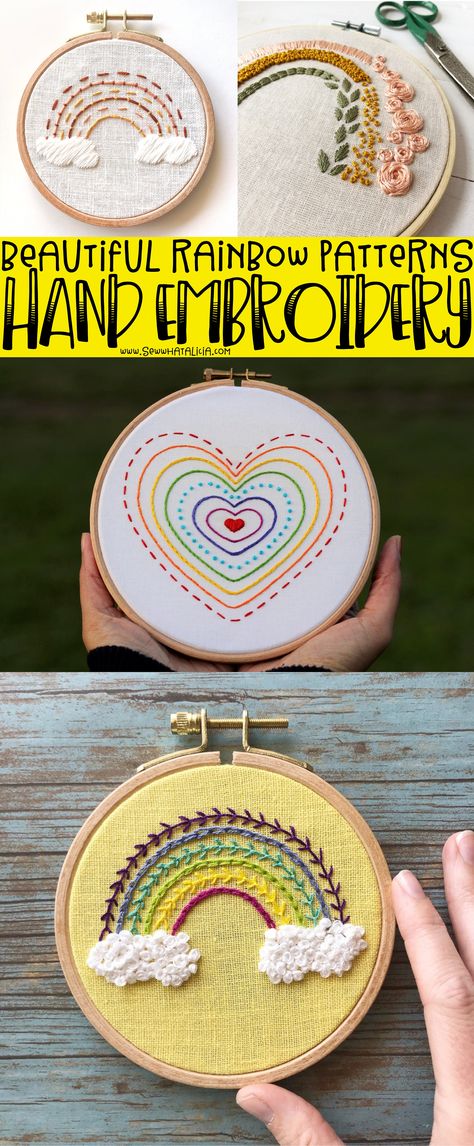 Click through for a huge list of beautiful rainbow hand embroidery patterns. Hand embroidery is a great hobby and perfect for passing the time! Patchwork, Couture, Embroidery Patterns Rainbow, Embroidery Rainbow Ideas, Hand Embroidered Rainbow, Embroidery Rainbow Pattern, Funny Embroidery Ideas, Baby Embroidery Ideas, Embroidery Patterns For Kids