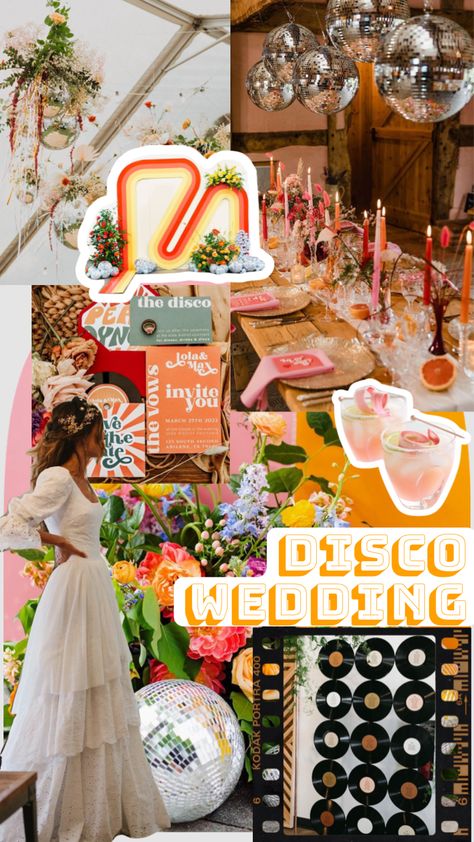 Eclectic Wedding Signs, Retro Wedding Ideas Vintage, 70s Italian Wedding, Disco Aesthetic Wedding, Retro Disco Decor, Retro Disco Wedding Theme, Disco Wedding Aesthetic, Fun Wedding Decorations, Italian Disco Wedding