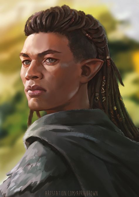 Dark Skin Elf Male, Black Dnd Characters Male, Black Elf Male, Black Dnd Characters, Dark Skinned Elf, Male Elf Art, Male Elf Character Design, High Elf Male, Elf Character Art