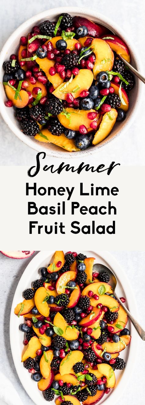 Gorgeous honey lime basil peach fruit salad made with fresh peaches, blackberries, blueberries and pomegranate. This summer peach fruit salad recipe is lightly tossed with honey, lime juice, and fresh basil leaves for a fresh side dish that's perfect for bbq's and parties! #fruitsalad #sidedish #peachrecipe #peaches #blueberries #blackberries Peach Fruit Salad, Soup Toppings, Summer Salads With Fruit, Lime Basil, Ambitious Kitchen, Fresh Peaches, Peach Fruit, Summer Eating, Honey Lime