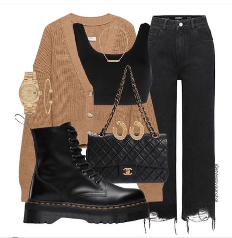 Casual Edgy Outfits, Chique Outfits, Outfit Inspo Casual, Brown Cardigan, Casual Day Outfits, Casual Winter Outfits, Edgy Outfits, Doc Martens, Outfit Casual