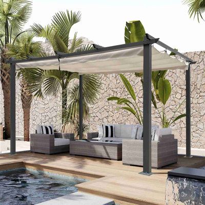 Enjoy your outdoor activeties below a wide shade, creating an ideal shading situation to spare your time with family and friends. Finish: Beige | Cypress Backyard 13x10 Ft Outdoor Patio Retractable Pergola w / Canopy 89.37 H x 118.0 W x 157.0 D in grayAluminum / Metal in Beige | 7' 5 37 / 100" H X 9' 10" W X 13' 1" D | Wayfair Covered Pergola Ideas, Pool Canopy, Pergola With Canopy, Pool Cabanas, Retractable Pergola, Backyard Canopy, Pergola Canopy, Patio Cover, Time With Family