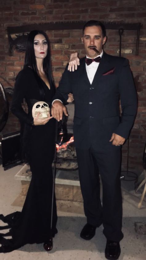 DIY Addams Family Halloween costume. Morticia and Gomez Addams Diy Morticia And Gomez Costume, Morticia Addams Costume Ideas, Addams Family Couple Costume, Morticia Adams Halloween Costumes, Morticia Costume Diy, Morticia Addams Couple Costume, Adams Couple Costume, Adams Family Morticia Costumes, Morticia Addams And Gomez Costumes