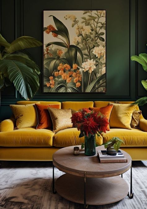 Green Room Yellow Sofa, Mustard Sofa Green Walls, Gold Velvet Sofa Living Room Ideas, Yellow And Brown Living Room Ideas, Green And Yellow Interior Design, Living Room With Mustard Sofa, Green Yellow Living Room Ideas, Maximalist Color Palette Living Room, Gold Sofa Living Room Ideas