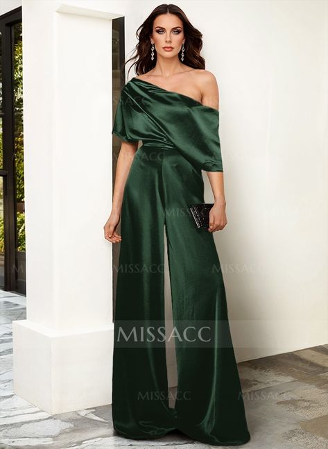 Elegant Asymmetrical Neck Floor-Length Silk Like Satin Evening Jumpsuit Elegant Evening Jumpsuits, Evening Jumpsuits, Affordable Evening Dresses, Dresses Fancy, Evening Jumpsuit, Jumpsuit Online, Mom Dress, New Designs, Evening Dresses Prom