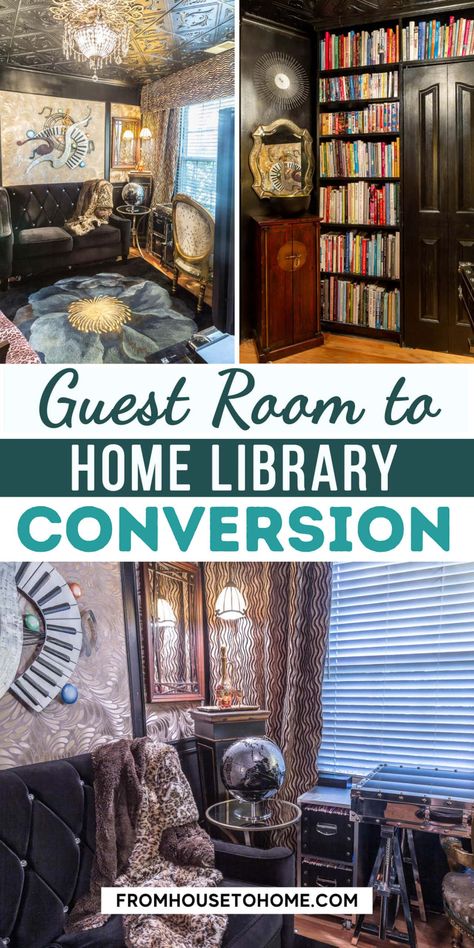 Guest room conversion to home library. Small Home Office Library, Gold Decor Ideas, Floor To Ceiling Bookshelves, A Reading Nook, Faux Tin Ceiling Tiles, Home Office Library, Desk Black, Cozy Home Office, Interior Decorating Tips