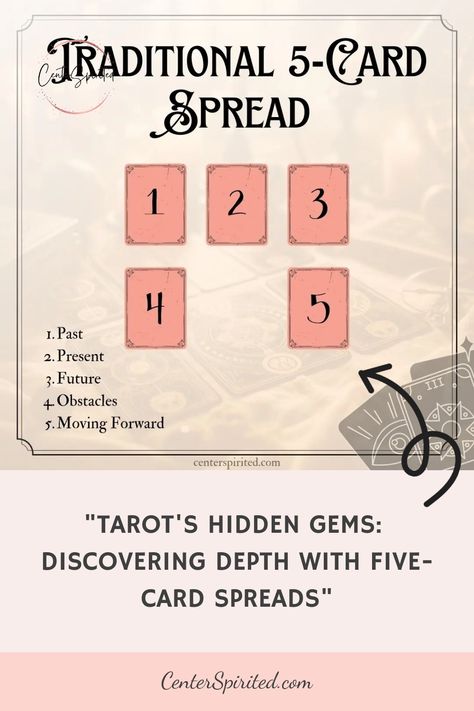 Step into the world of tarot with our guide on Five-Card Tarot Spreads: A Gateway to Deeper Understanding. Perfect for both beginners and experienced readers, this guide uncovers the secrets of the tarot, offering deeper insights into love, career, and personal growth. Learn how to interpret intricate spreads for clarity and foresight in life's journey. Discover the transformative power of tarot and enhance your intuition. Explore our engaging guide to unlock the mysteries of your destiny with f Tarot Card Placement, How To Tarot, Five Card Tarot Spread, Tarot Cards For Beginners Learning, General Tarot Reading Spread, Tarot Card Layouts For Beginners, Weekly Tarot Spread, How To Do A Tarot Reading On Yourself, How To Shuffle Tarot Cards