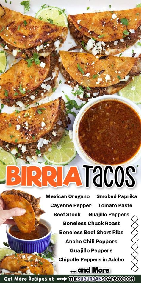 beef birria tacos on a white platter with a bowl of consomme. Ingredient list for tacos. Barbacoa Birria Tacos, Birria Taco Consume, Carne Asada Birria Tacos, Stovetop Birria Tacos, Barria Tacos Recipe Easy, Easy Birria Consome, Briar Tacos, Dippy Tacos, Cheesy Birria Tacos