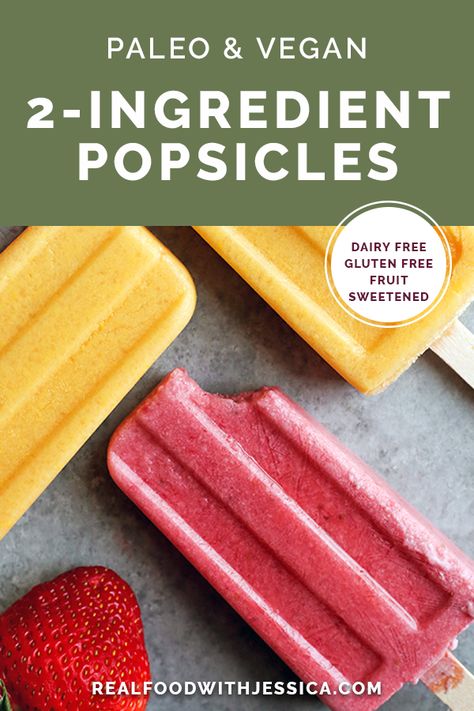 These Paleo Vegan 2 Ingredient Fruit Popsicles are easy to make and make a great summer treat. They are dairy free, nut free, and so delicious! Whole 30 Popsicles, Frozen Healthy Popsicles, Paleo Popsicle Recipes, 2 Ingredient Desserts Healthy, Easy Fruit Popsicle Recipes, Aip Popsicles, Real Fruit Popsicles Recipes, Sugar Free Popsicle Recipes, Dairy Free Popsicle Recipes