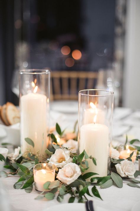 Elyse+Griffin by Amanda Meg Miller Photo at St Jane Hotel Sage Reception Tables, Round Tables With Greenery And Candles, Sage Green Wedding Table Setting, White Candles Centerpiece, Candle Table Decor, Classic Wedding Decor, Jane Hotel, Megan Miller, Long Table Wedding