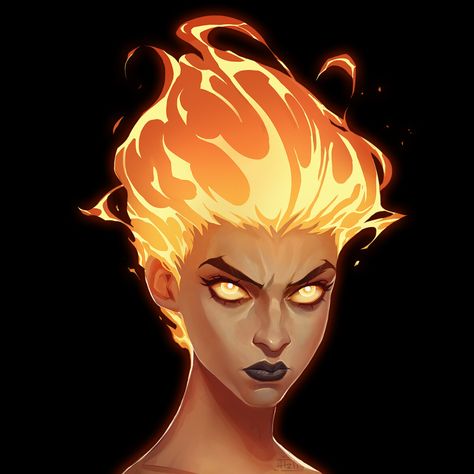 ArtStation - Style study - Lady in Fire, Ashline Fire Witch Character Design, Fire Person Art, Lava Person, Fire Spirit Art, Fire Woman Art, Fire Elemental Character Design, Fire Hair Art, Fire In Eyes, Fire Fairy Art