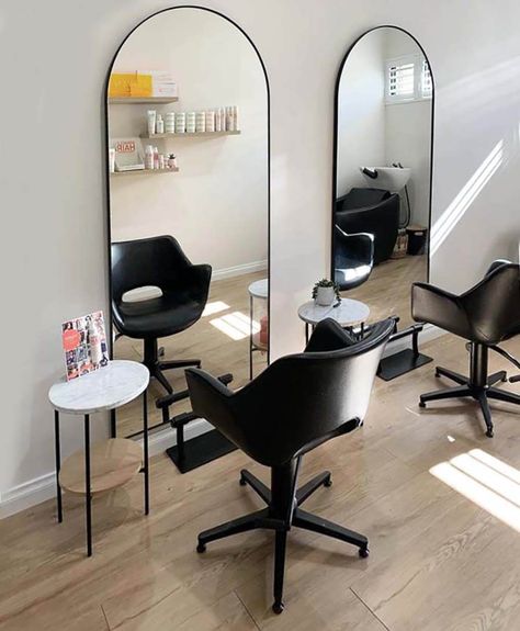 Hair Stations Ideas, Home Based Salon Ideas Small Spaces, Double Suite Salon, Cute Hair Salon Decor, 2 Chair Salon Suite, Salon Hair Station Ideas, Hair Salon Coffee Bar, Black And White Salon Ideas, Small Salon Decorating Ideas