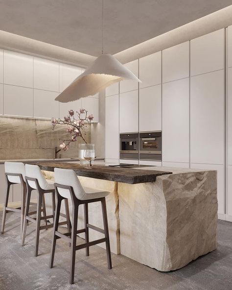 Stone Kitchen Island, Natural Stone Kitchen, Minimal Kitchen, Stone Interior, Stone Kitchen, House Design Kitchen, Luxury Kitchen Design, Kitchen Room Design, Kitchen Inspiration Design