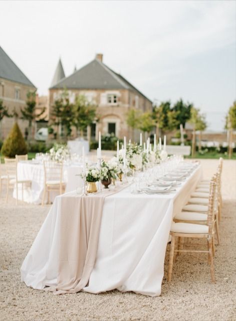 Wedding inspiration | Wedding Venues | Wedding Chateaux | Engagement | Bridesmaids | Wedding Photography | Wedding Dresses | Bride | Groom | French Wedding | Wedding in France Romantic Wedding Decor, Birthday Party Table Decorations, Gold Table Runners, Neutral Wedding Colors, Beige Wedding, Wedding Venue Inspiration, Table Runners Wedding, Wedding Palette, Wedding Reception Tables