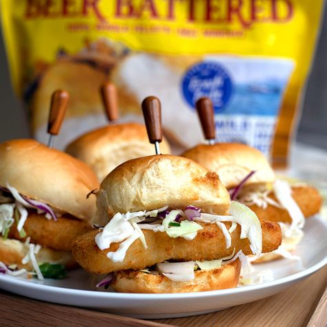 Crispy Fish Sliders – Gorton’s Seafood Gortons Fish Recipes Dinners, Fish Sliders Recipes, Fish Sliders, Crispy Fish, Battered Fish, Slider Buns, Fish Sandwich, Slider Recipes, Coleslaw Mix