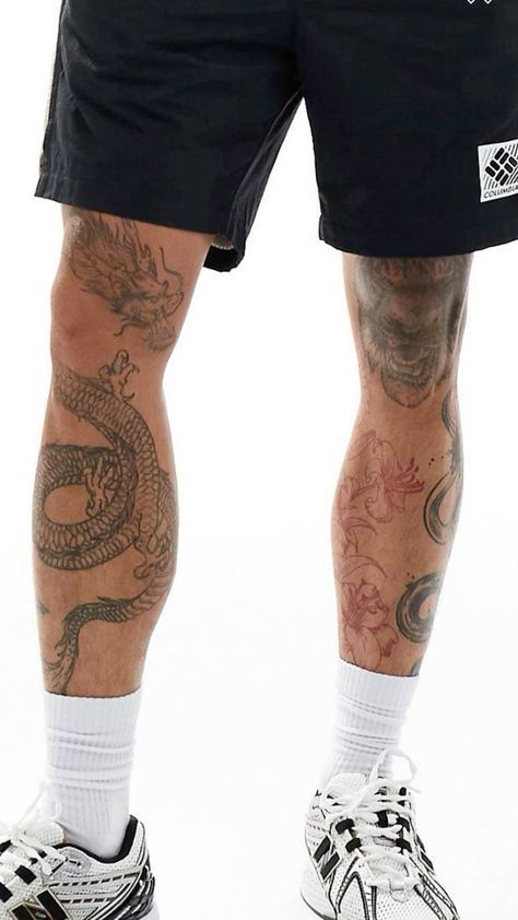 Men’s Above Knee Tattoo, Mens Quad Tattoo, Mens Calf Tattoo, Men's Leg Tattoos, Men’s Calf Tattoo, Thigh Tattoos Men, Shin Tattoo Men, Leg Tattoos Men, Dragon Leg Tattoo