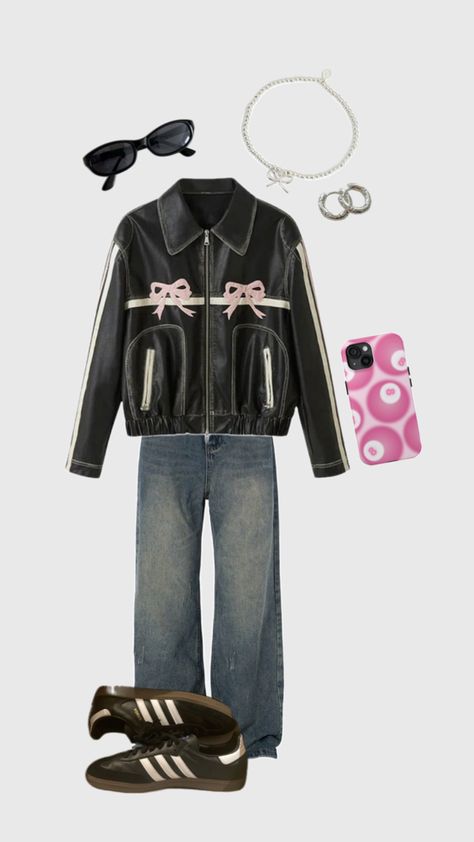 pink aesthetic biker racer jacket leather bow pink phone case 8 ball silver earrings cool girl downtown city aesthetic it girl Downtown City Aesthetic, Pink Leather Jacket Outfit, Earrings Cool, Pink Phone Case, Pink Leather Jacket, Pink Phone, Racer Jacket, Leather Jacket Outfits, Pink Phone Cases