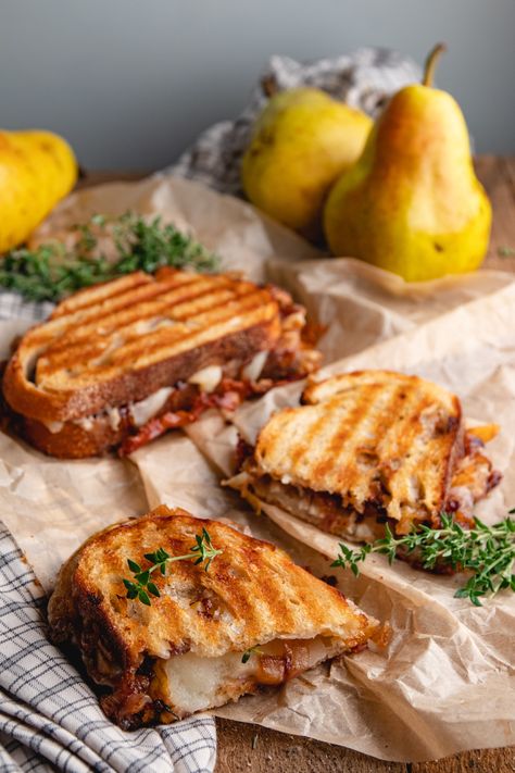 Pear and Brie Panini with Caramelized Shallots and Walnuts Pear Brie Sandwich, Brie And Pear Sandwich, Brie Panini Recipes, Brie Pear Grilled Cheese, Brie Breakfast Sandwich, Fall Panini, Brie With Pears, Pear Sandwich, Brie Panini