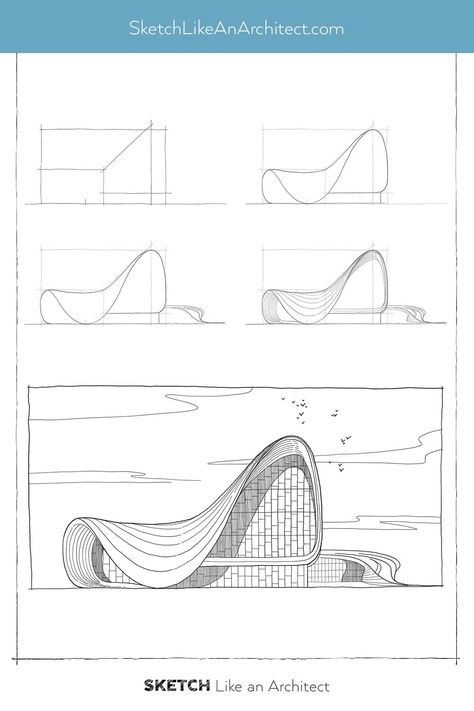 Zaha Hadid Architects Sketch, Zaha Hadid Drawings Sketches, Drawing Exercises Architecture, Learn Architecture Drawing, Analytical Drawing Architecture, Building Drawing Tutorial, How To Draw Architecture Sketches, Sketch Like An Architect, How To Draw A Building