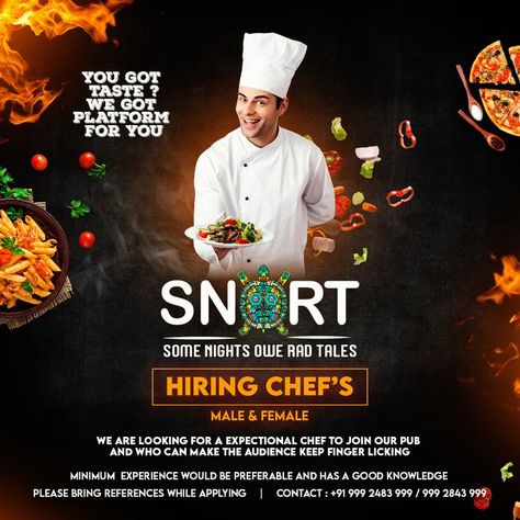 We hiring great chefs who have that magical power to turn an ordinary dish into something EXTRA ordinary. For contact - +91 999 2483 999 / 999 2843 999 #snortpub #hiringalert #chefs #instagood #hyderabad #hitechcity Chef Poster, Hiring Poster, Cooking Contest, Restaurant Poster, Sushi Chef, Email Marketing Design, Creative Poster, Food Poster Design, Magical Power