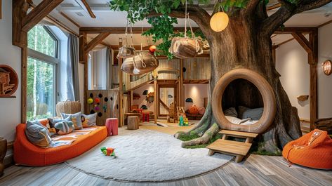 Woodland Play Area, Luxury Playroom, Playroom Slide, Vintage Playroom, Organized Playroom, Stylish Playroom, Woodland Kids Room, Indoor Play Places, Indoor Playroom