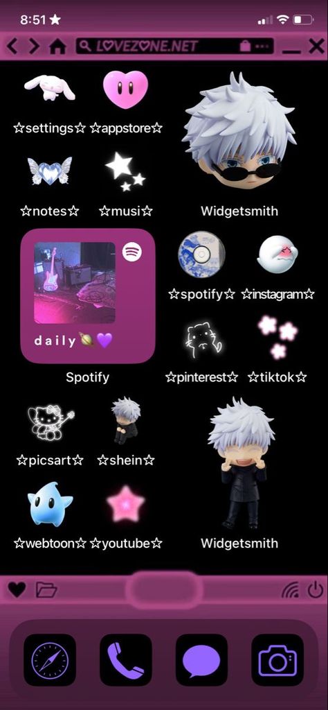 Iphone Anime Theme, Gojo Homescreen Layout, Jujutsu Kaisen Homescreen Layout, Anime Phone Layout Ideas, Jjk Iphone Layout, Gojo Phone Theme, Jjk Ios Layout, Jjk Phone Layout, Jjk Themed Phone