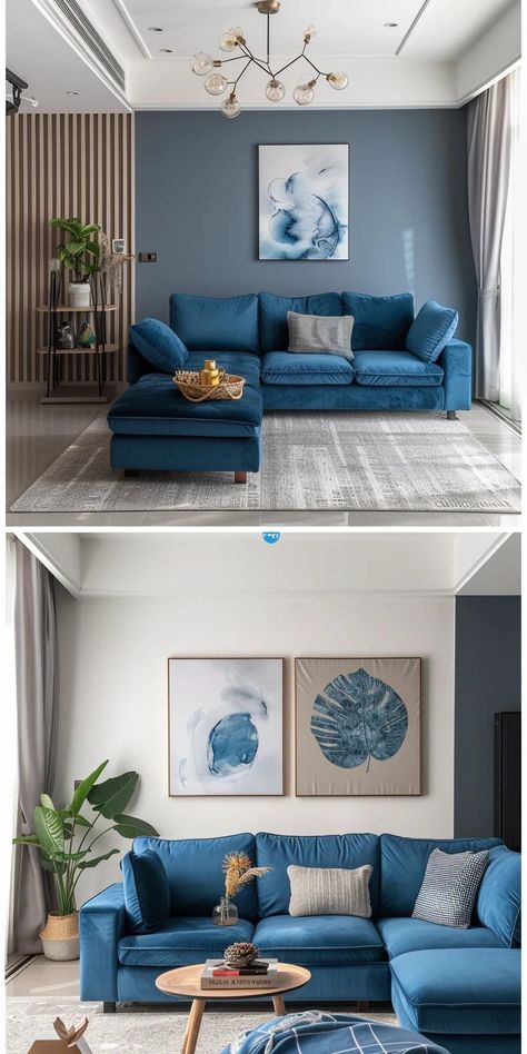 Modern Blue And White Living Room, Small Living Room Blue Sofa, Best Sofa Color Living Rooms, Navy Blue Boho Living Room, Blue Apartment Aesthetic Living Room, Blue Living Room Boho, Light Blue Walls Living Room Decor, Blue Sofa Living Room Ideas Decor, Boho Living Room Blue