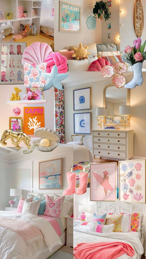 Pink Cowgirl Room Ideas, Coastal Cowgirl Bedding, Colorful Beachy Bedroom, Preppy Cowgirl Bedroom, Coastal Pink Bedroom, Coastal Cowgirl Dorm, Pink Beachy Room, Costal Cowgirl Aesthetic Bedroom, Anthropology Bedroom