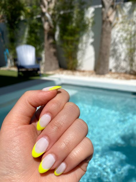 Milky White Nails With Colorful Designs, Milky White And Neon Nails, Milky Neon Nails, White Nails With Neon Tips, Summer French Nails, Yellow Tips, Nail Inspired, Colored French Tips, Neon Yellow Nails