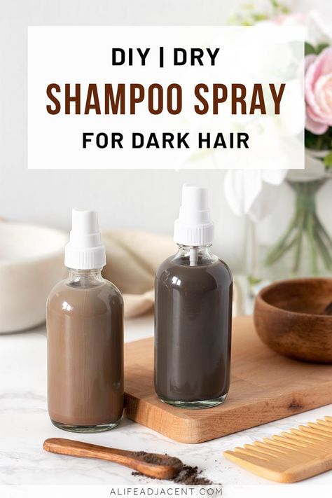 DIY Dry Shampoo Spray for Dark Hair. Does dry shampoo leave a white cast on your dark hair? Learn how to make homemade dry shampoo spray for any shade of black or brown hair. Instead of sticky food ingredients like cocoa powder or cinnamon, this natural recipe uses clay powder to match your unique hair colour. Refresh oily hair and go longer between washes with this easy DIY. Leaves an invisible finish! #alifeadjacent Natural Dry Shampoo Diy Dark Hair, Dry Shampoo Recipe Homemade, Black Hair Dry Shampoo, Homemade Dry Shampoo For Dark Hair, Diy Dry Shampoo Dark Hair, Dry Shampoo Dark Hair, Homemade Dry Shampoo, Dry Shampoo Spray, Homemade Spa