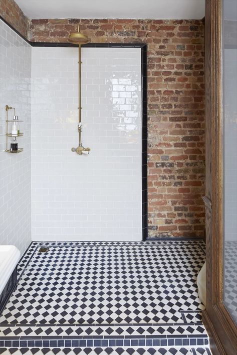 Exposed Brick Bathroom, Brick Wall Bathroom, Brick Bathroom, Shoreditch House, Dark Wooden Floor, 19th Century London, Painted Brick Walls, Plain Wall, Printing House