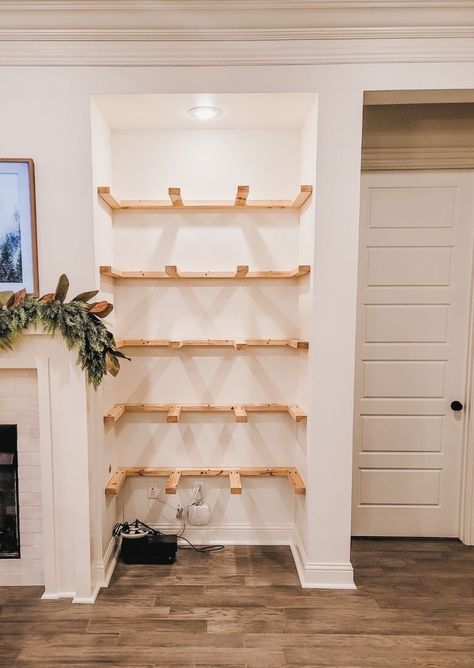 Diy Modern Built Ins, Diy Shelves By Fireplace, Floating Fireplace Shelves, Making Built In Shelves, End Of Hall Floating Shelves, Extra Long Floating Shelves Living Room, Hardware For Floating Shelves, Inset Floating Shelves, Floating Shelves For Storage