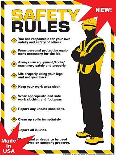 PRICES MAY VARY. Paper Made in USA Workplace Safety Rules Poster 18" x 24" Full Color Poster Laminated front and back MADE IN THE USA MADE IN THE U.S.A. - The Safety Rules Poster includes ten of the most common safety tips, to remind employers to work safely in all environments. This attractive poster provides constant reinforcement of company rules that will help prevent injury. Made in the USA with easy to read text and bright safety yellow and black to get the attention of all your employees. School Supplies, Safety Poster, Rules Poster, Safety Rules, Workplace Safety, One Month, Office School, A Heart