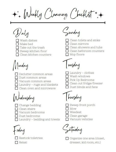 Use this checklist to hit every item on your cleaning to-do list! Separated into smaller daily tasks this list makes it easy to get everything done without feeling overwhelmed. Clean Kitchen Counter, Clean Kitchen Floor, Daily Cleaning Checklist, Deep Cleaning Checklist, How To Clean Mirrors, Daily Cleaning, Oven Cleaning, Daily Planner Printable, Cleaning Schedule