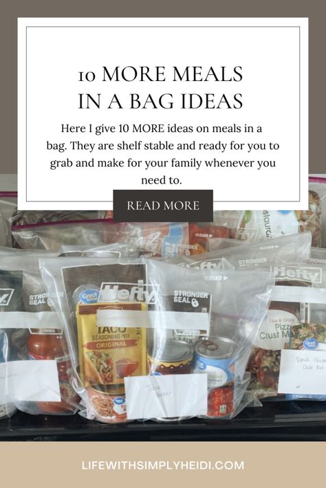 Meals In A Bag Recipes, Meal Kit Gift Basket, Dinner In A Bag, Gifting Meal Ideas, Mylar Bag Meals, Shelf Stable Food Gifts, Shelf Stable Meals In A Bag, Shelf Stable Meals In A Jar, Shelf Stable Meal Ideas