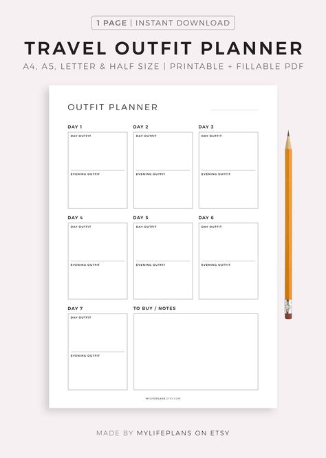 Travel Outfit Planner Printable Template, Daily Outfit Planner for Business Trip & Vacation, Travel Packing List, Suitcase Planning Outfit Planner Printable, Weekly Outfit Planner, Travel Outfit Planner, Planner For Business, Planner For Work, Free Planner Templates, Travel Planner Template, Outfit Planner, Kids Planner