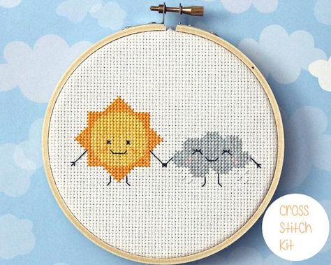 Sun Patterns, Stitch Kawaii, Kawaii Cloud, Cross Stitch Beginner, Nursery Cross Stitch, Funny Cross Stitch Patterns, Sun And Rain, Rain Cloud, Dmc Embroidery Floss