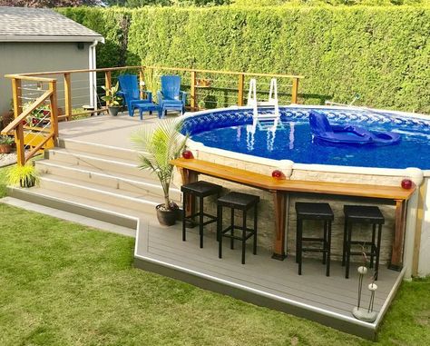 Pool With Small Deck, Deck Up To Pool, Outdoor Paradise Backyards, Patio And Above Ground Pool Ideas Layout, Small Yard Above Ground Pool Ideas, Outdoor Pool Deck Ideas, Patio To Pool Deck Transition, Patio Piscine Hors Terre Design, Above Ground Pool With Bar