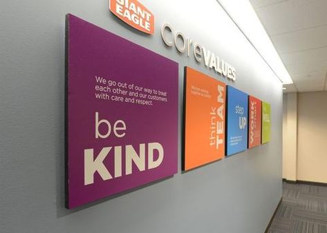 The use of Signage to Promote Core Values across your organisation | Viro Display Core Values Wall Design, Office Branding Wall Reception Areas, Hallway Office Ideas, Office Branding Ideas, Office Branding Wall, Logo Wall Design, Values Display, Office Signage Design, Wall Branding