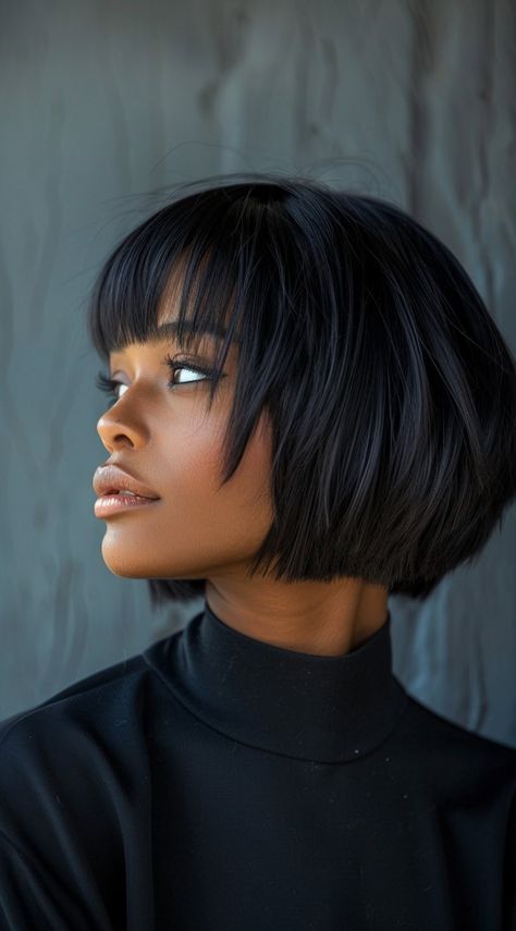 44 Bob with Bangs Hairstyles for Black Women: Modern and Stylish Options Style Short Hair Bob Black Women, Short Bob Blowout Black Women, Short Hairstyles For Relaxed Hair, Edgy Hairstyles Black Women, Short Bob With Bangs Black Women, Short Layered Haircuts Black Women, Bob Hairstyle With Bangs Women, Black Women Layered Hairstyles, Short Layered Bob Black Women