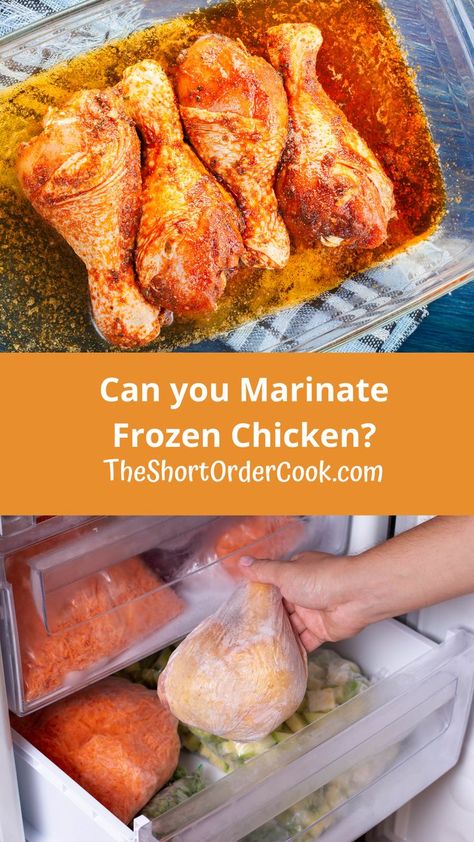 A dish with chicken legs and marinade plus a photo of a hand grabbing a whole frozen chicken from the freezer drawer. Frozen Marinated Chicken, Frozen Chicken Marinade, Thaw Chicken Breast, Chicken Wing Marinade, Chicken Tips, Costco Chicken, Marinate Chicken, Chicken Breast Crockpot Recipes, Frozen Chicken Wings