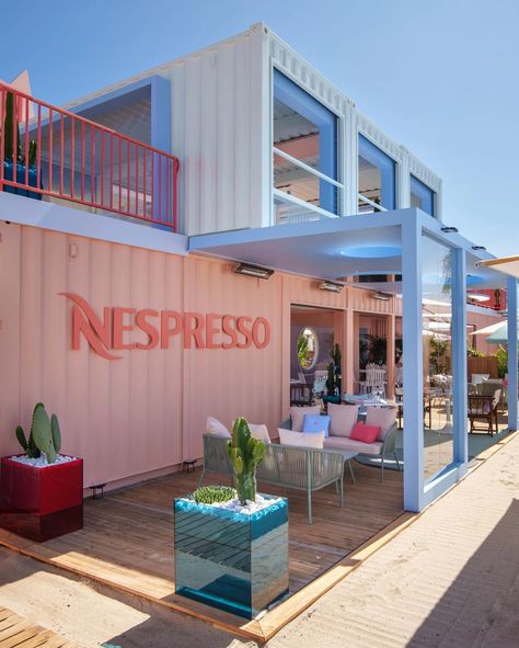 Nespresso Plage Californian Dream Pop-Up Installation, Cannes France. Shipping Container Store, Container Coffee Shop, Shipping Container Design, Container Restaurant, Pop Up Cafe, Container Bar, Container Cafe, Pop Up Restaurant, Pop Up Bar