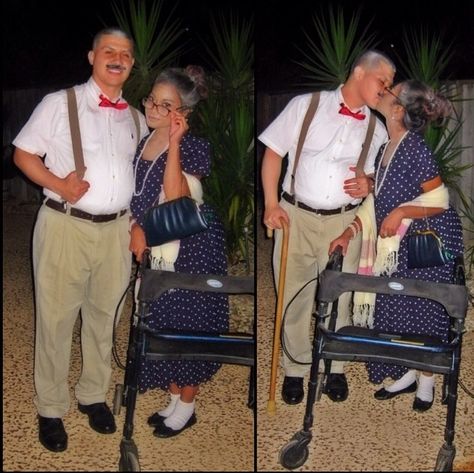 DIY Couple Costumes for Halloween: Grandparents. Dead Themed Party- we arrived "almost dead". Thrift Store findings! Elderly Couple Costume, Old People Halloween Costumes Couples, Old People Costume Couple, Old Couple Halloween Costume, Diy Old Lady Costume For Adults, Granny Theme Party, Old People Halloween Costumes, Old Couple Costume, Old People Party Theme