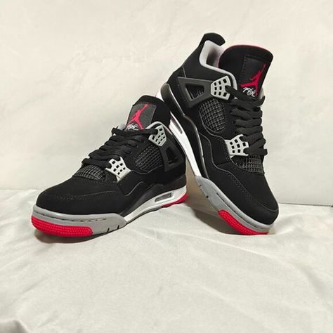 Jordan 4 Retro Bred Black/Red/Grey Sneakers Jordan 4 Retro Bred, Jordan 4 Red, Latest Jordans, Jordan 4 Black, Mid Top Shoes, Retro Trainers, Grey Camo, Jordan 4 Retro, Mens Nike Air