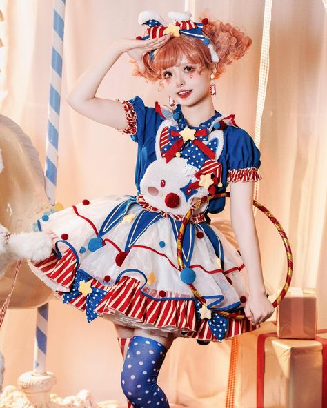 🎪Circus vibes sweet Lolita dress with clown bunny and pastel clowncore design, 2 colors available. 🐰Matching with puff sleeves blouse, KC, hat and stockings. 👉Search 'ZM-016' on devilinspired.com #devilinspired #sweetlolitafashion #sweetoutfit #lolitacoord #lolitafasion #sweetdress #sweetstyle Female Clown Outfit, Clown Dresses, Girls Clown Costume, Pastel Clowncore, Girl Clown Costume, Pastel Clown, Clowncore Outfit, Clown Dress, Puff Sleeves Blouse